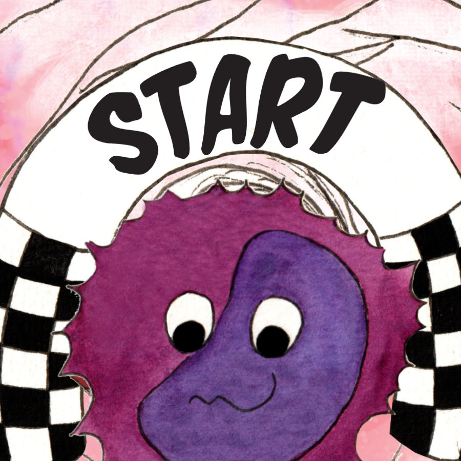 Červená krvinka Krvinka se setkává s fialovou bílou krvinkou Leukou v cíli závodu